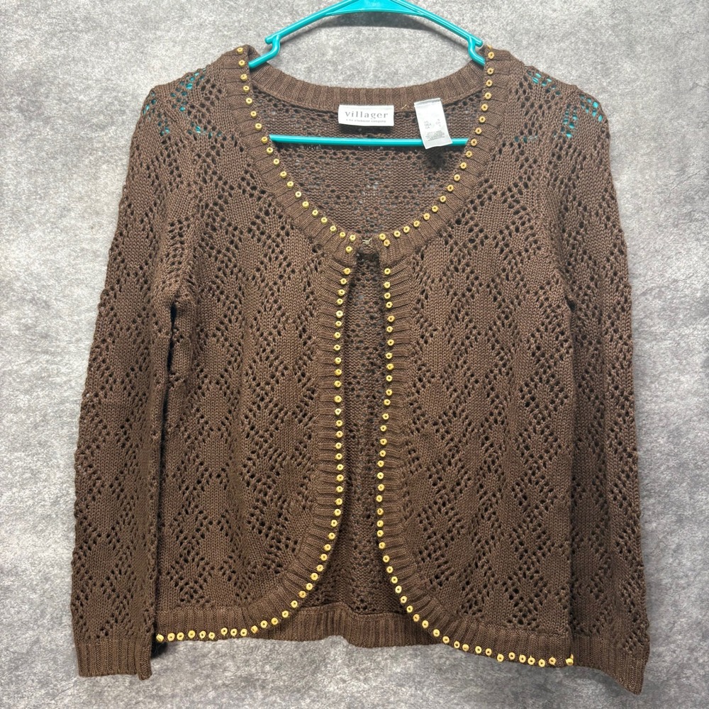Y2K Villager Liz Claiborne Crochet Lace Cardigan Womens S Brown Wood Beads Boho